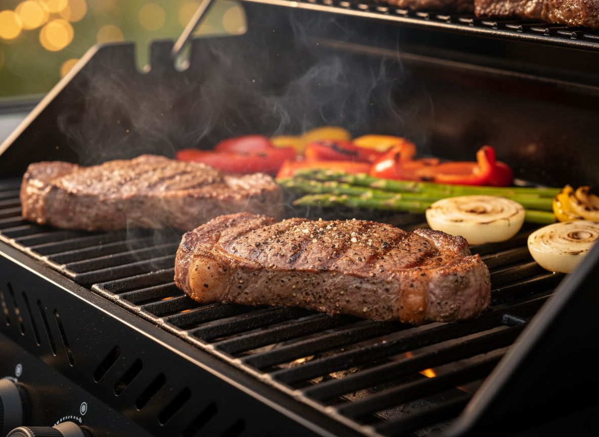 Outdoor grill hero shot with accent lighting