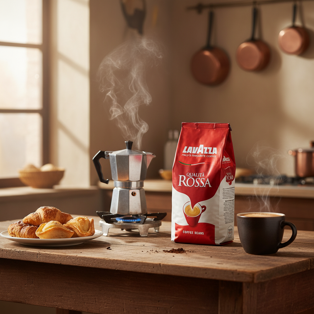Styled shot with coffee beans and a cup